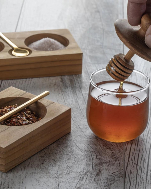 Teak And Glass Honey Jar Mini