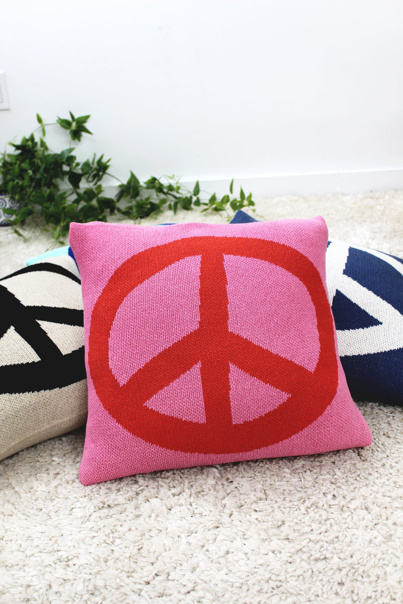 Peace Sign Knit Pillow Pink Red