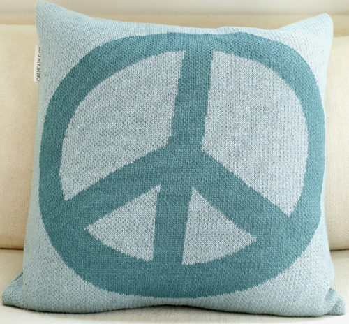 Peace Sign Knit Pillow Blue Teal